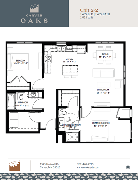 Floor plan for 2 beds, 2 baths, 1025 sqft